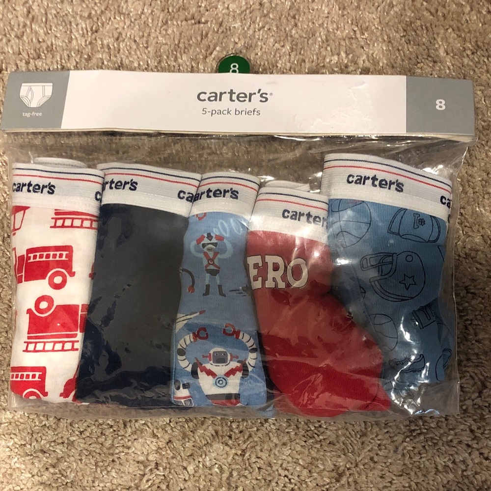 Carter's 5-Pack Boys' Briefs in Red, Navy, Light Blue, White-100% Cotton- Size 8